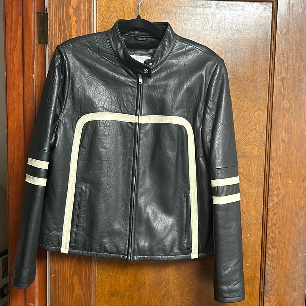 Wilsons Leather Black Leather Jacket with Cream Trim